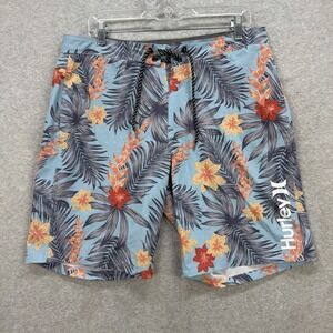Hurley Board Shorts Mens 34 Blue Floral Tropical Hawaiian Aloha Swim Beach Surf‎